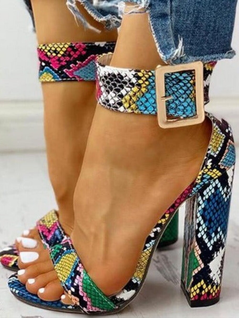 Colorblock Snakeskin Ankle Strap High Heel Sandals - Multicolor